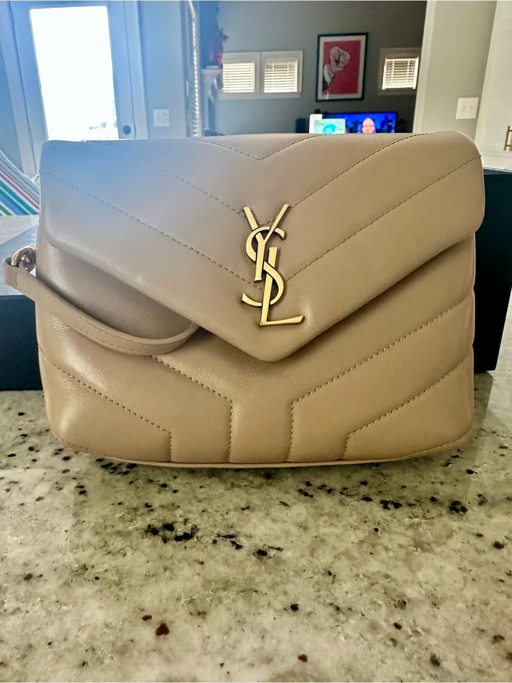 Saint Laurent Taupe Quilted Leather Crossbody with Gold YSL, full set, perfect